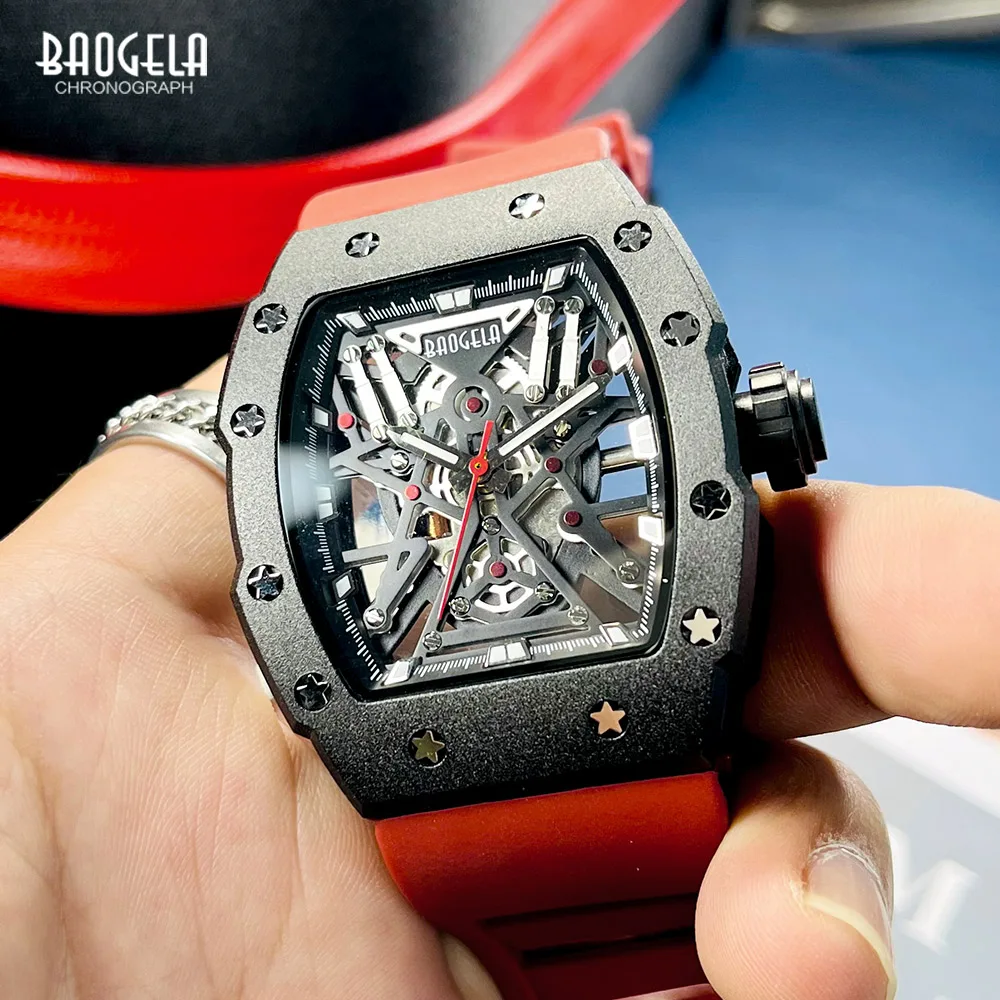 

BAOGELA Red Silicone Strap Stainless Steel Watch Men Military Sport Luminous Waterproof Quartz Wristwatch with Tonneau Dial 4147