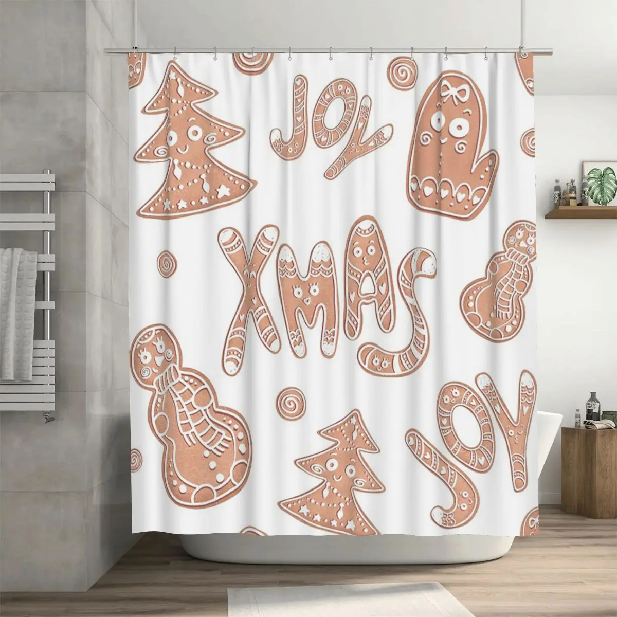 Joy Christmas Gingerbread Cookie Pattern Shower Curtain Bathroom Polyester Waterproof Bath Curtains with Hooks
