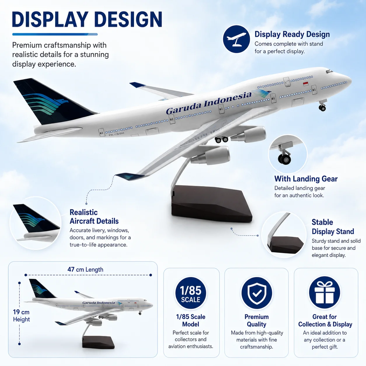 B747 Indonesia Airlines 47cm Die-Cast Resin Materials 1/150 Scale Model With wheels and landing gear for Display or as a Gif