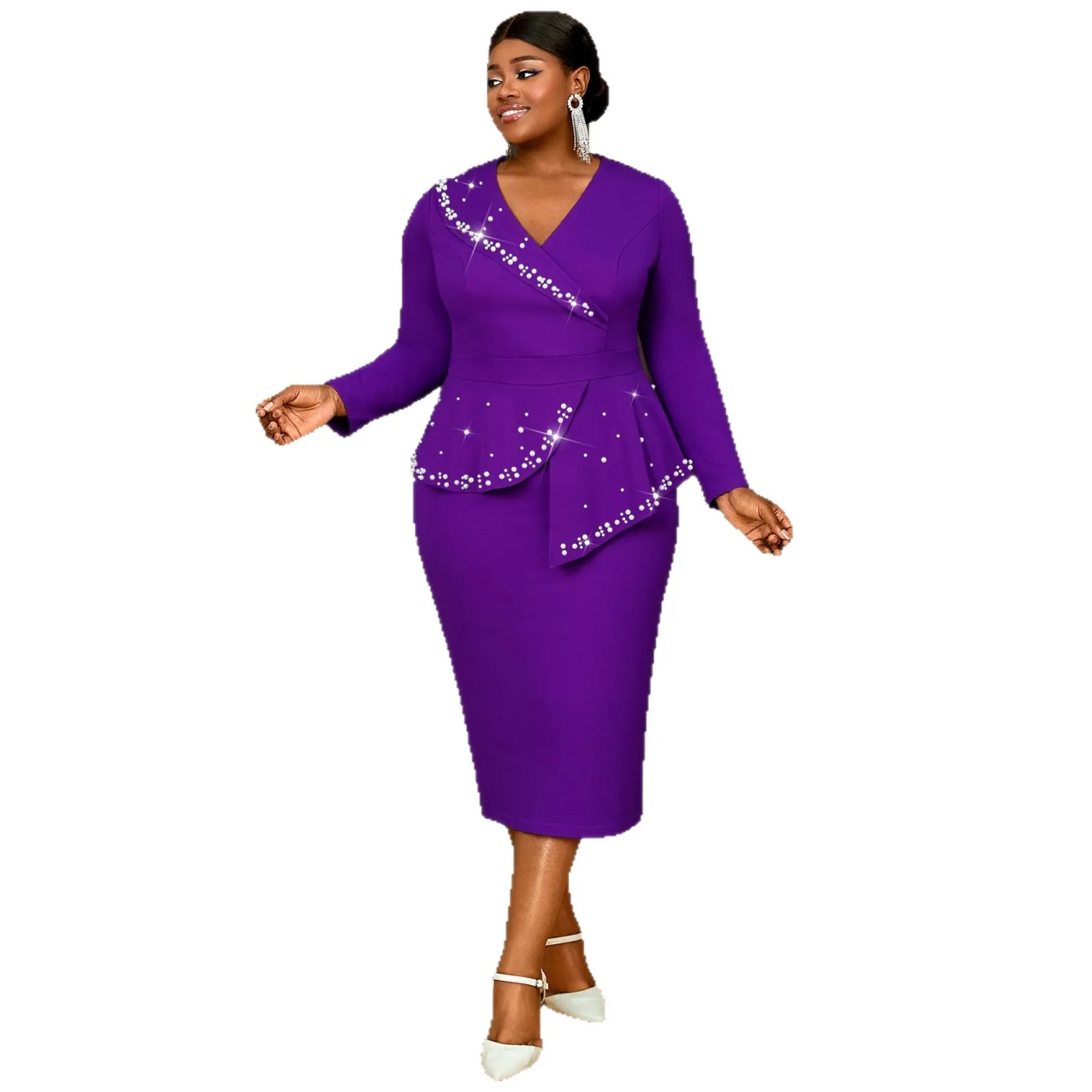 Abito da sera elegante da donna taglie forti, viola, con scollo a V, maniche lunghe, volant e strass - Vestidos De Mujer