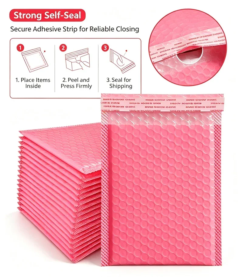 20 Stück rosa Luftpolsterumschläge, wasserdichte Schaumstoff-Luftpolstertaschen, Express-Versandumschläge, selbstklebende Verpackungstaschen, Organizer – Detail 8