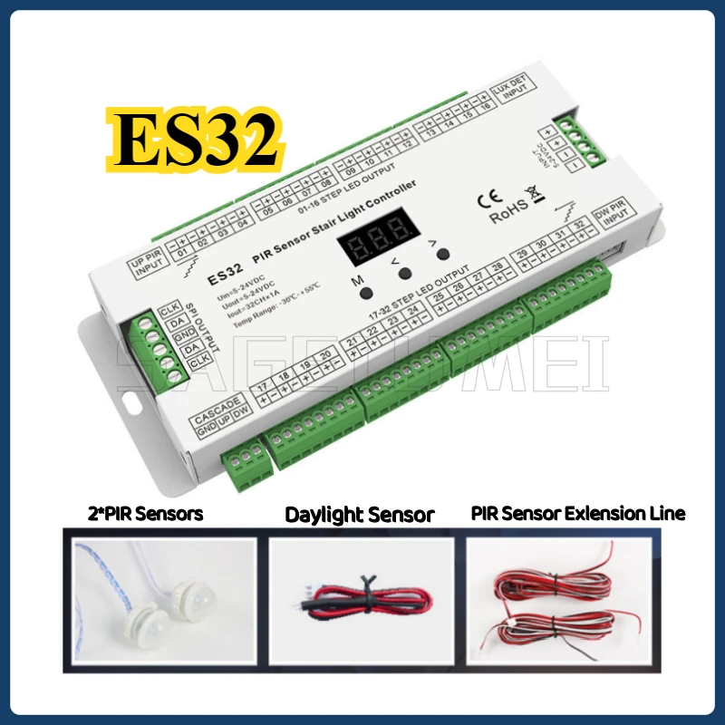 ES32 PIR Sensor Stair Light Controller 32CH PIR Human Body Infrared Sensor Switch Output Connected to Low Voltage LED Light Belt