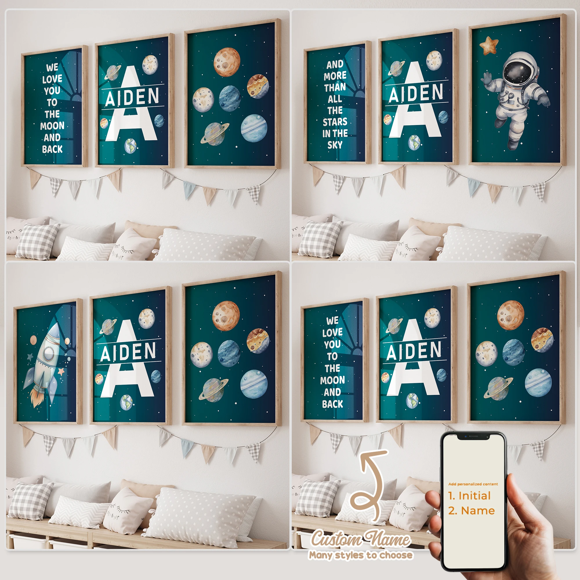 3 Stück personalisierte, individuelle Cartoon-Kinder-Raketen-Wandkunst, Druckbild, Leinwandposter, Gemälde für Wohnzimmer, Heimdekoration