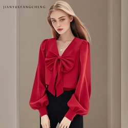 2024 Autumn French Style Women' Red Bow Lantern Sleeve Shirt Loose Plus Size Elegant Retro Female Fall Winter Tops Satin Blouses