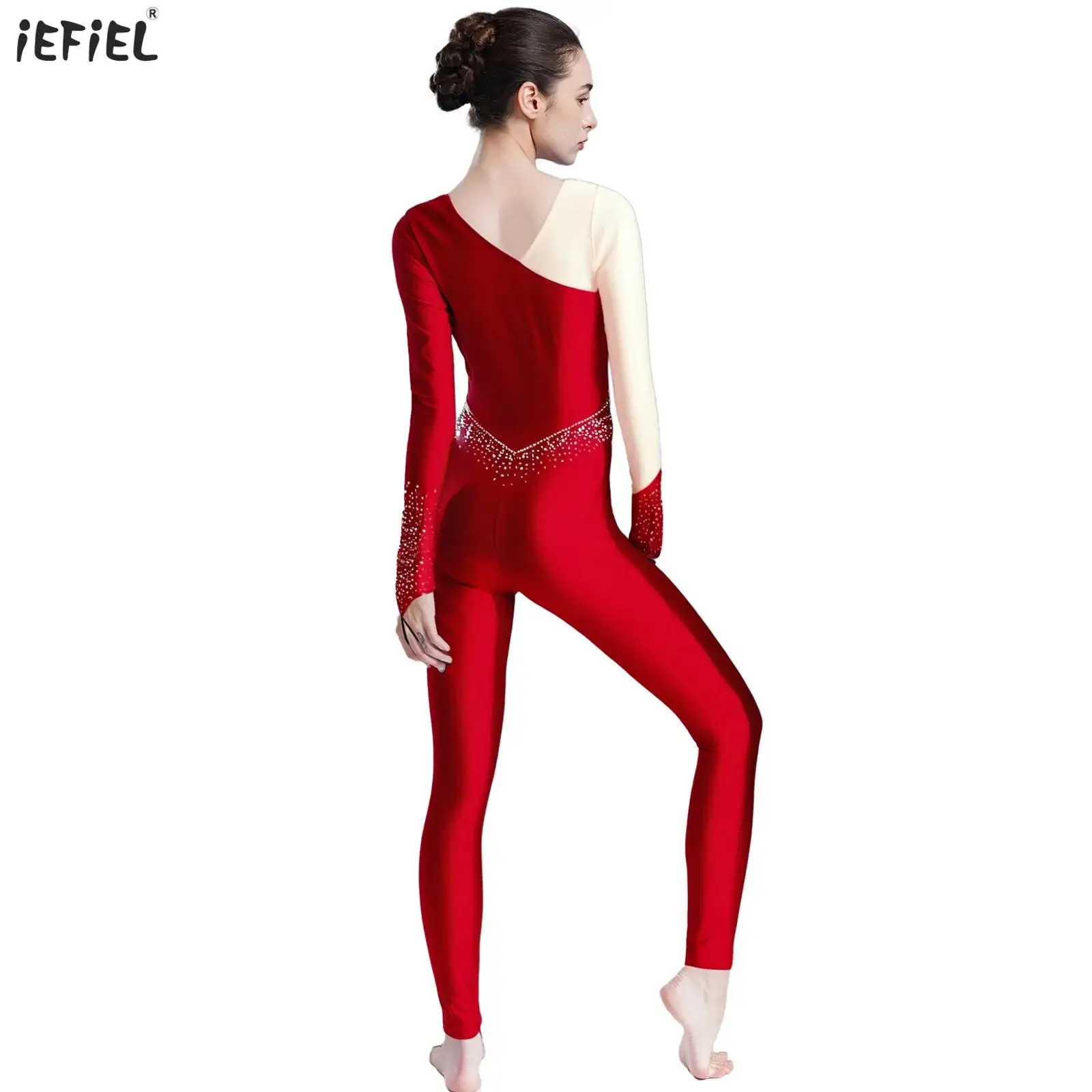 

Women Figure Skating Jumpsuit Metallic Shiny Long Sleeve Rhinestone Rompers Dance Bodysuit Acrobatics Ballet Gymnastics Leotard