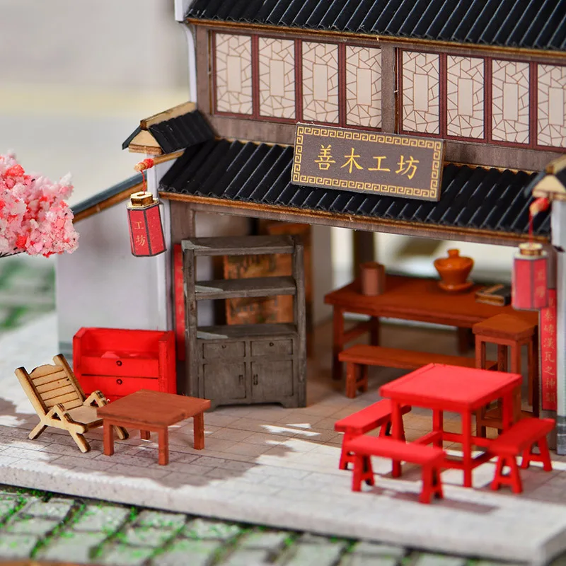 نموذج بلاط حائط رمادي أبيض من OUZEY، مجموعة بناء الفناء الخشبي، على الطراز الصيني DIY للمراهقين