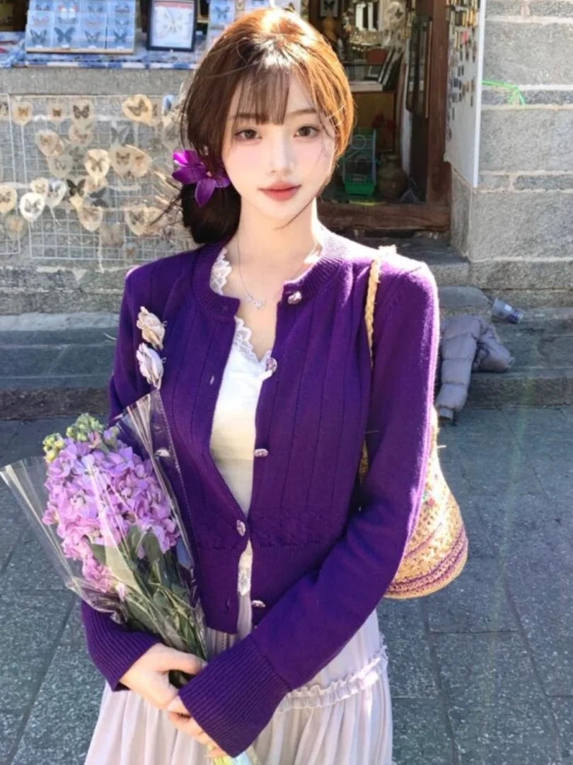 

Retro round Ne ort Knitted Open Cardigan Women's Slim Fit Sweater Jaet Spring Autumn Long Sve Color Commute