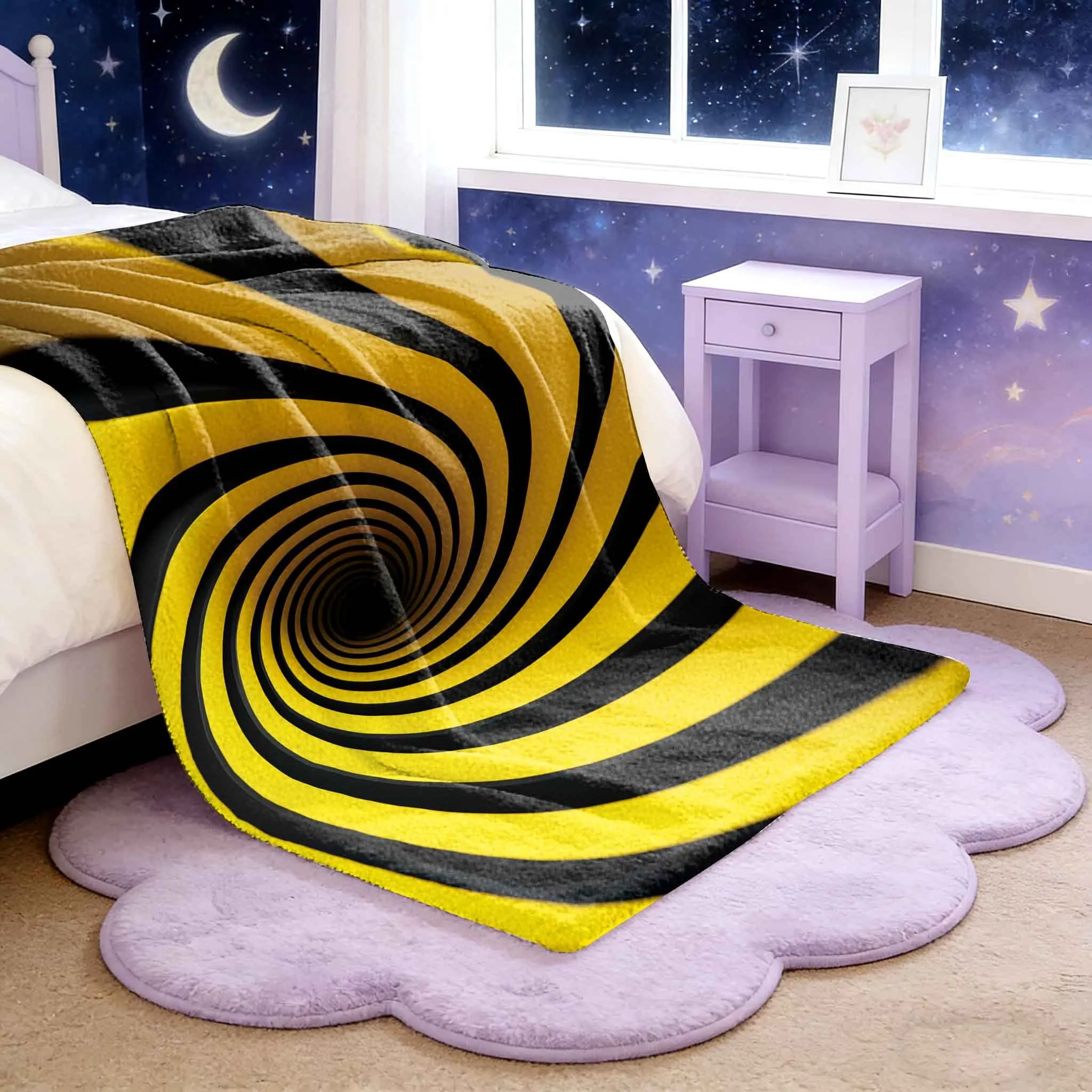 1pc Flannel Blanket, Spiral Pattern in Black And Yellow, 2D Printed Throw, Camping Blanket for Birthday/Holiday Gifts, Versatile