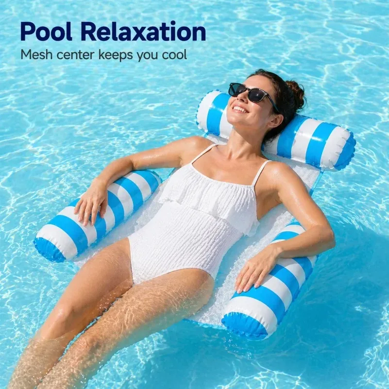 Colchoneta inflable para adultos, silla reclinable plegable con respaldo, cama flotante inflable a rayas, hamaca individual.