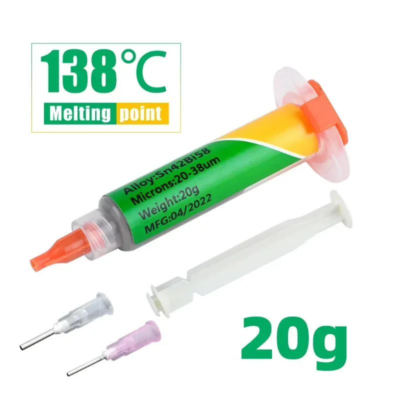 

138 ℃ Melting Point 20g Solder Paste Repair Solder Paste Syringe Type Welding Tool Lead-free Sn42Bi58 NC559ASM