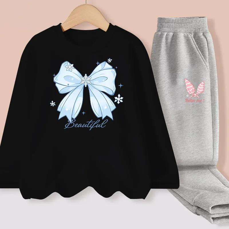 Schöne Schleifenkleider für Babys, Frühling und Herbst, T-Shirts und Hosen, 2-teilige Sets, langärmelige Kinderkostüme, 3–14 Jahre