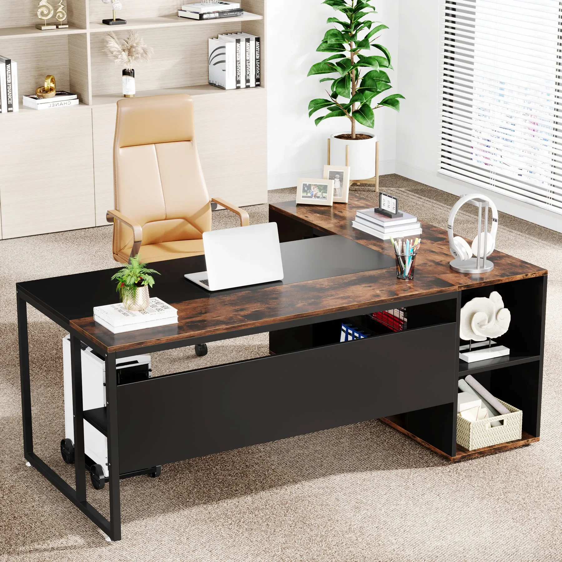 71 inch Executive Desk, L Shaped Desk with Cabinet Storage, Executive Office Desk with Shelves