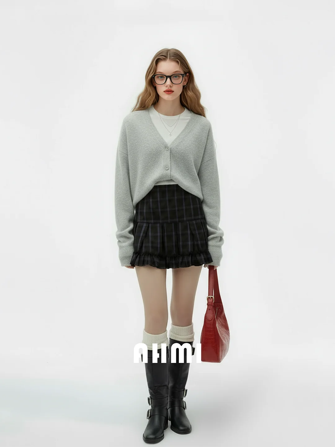 

Юбка AHMI с высокой талией в клетку, женская осенняя юбка в студенческом стиле, стройнящая, высококачественная, А-силуэт, из ткани гингем