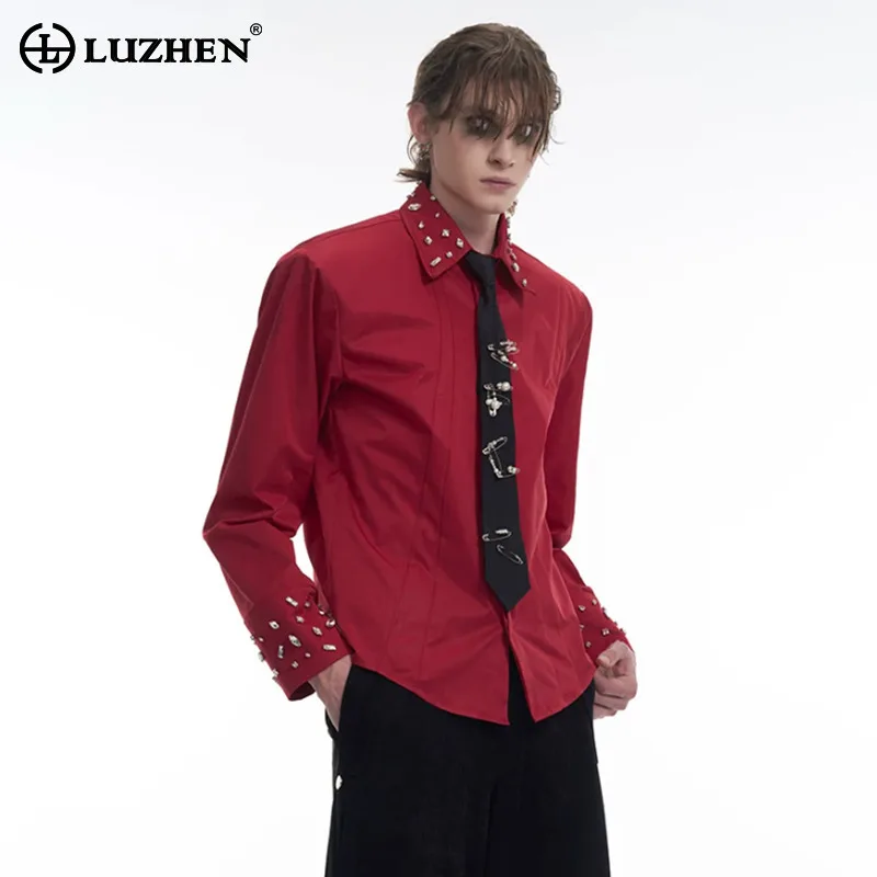 LUZHEN Diamond Long Sleeve Spring Design New 2026 Patchwork Shirts Men's Fashion Solid Color Elegant Shoulder Pad Tops JY8220
