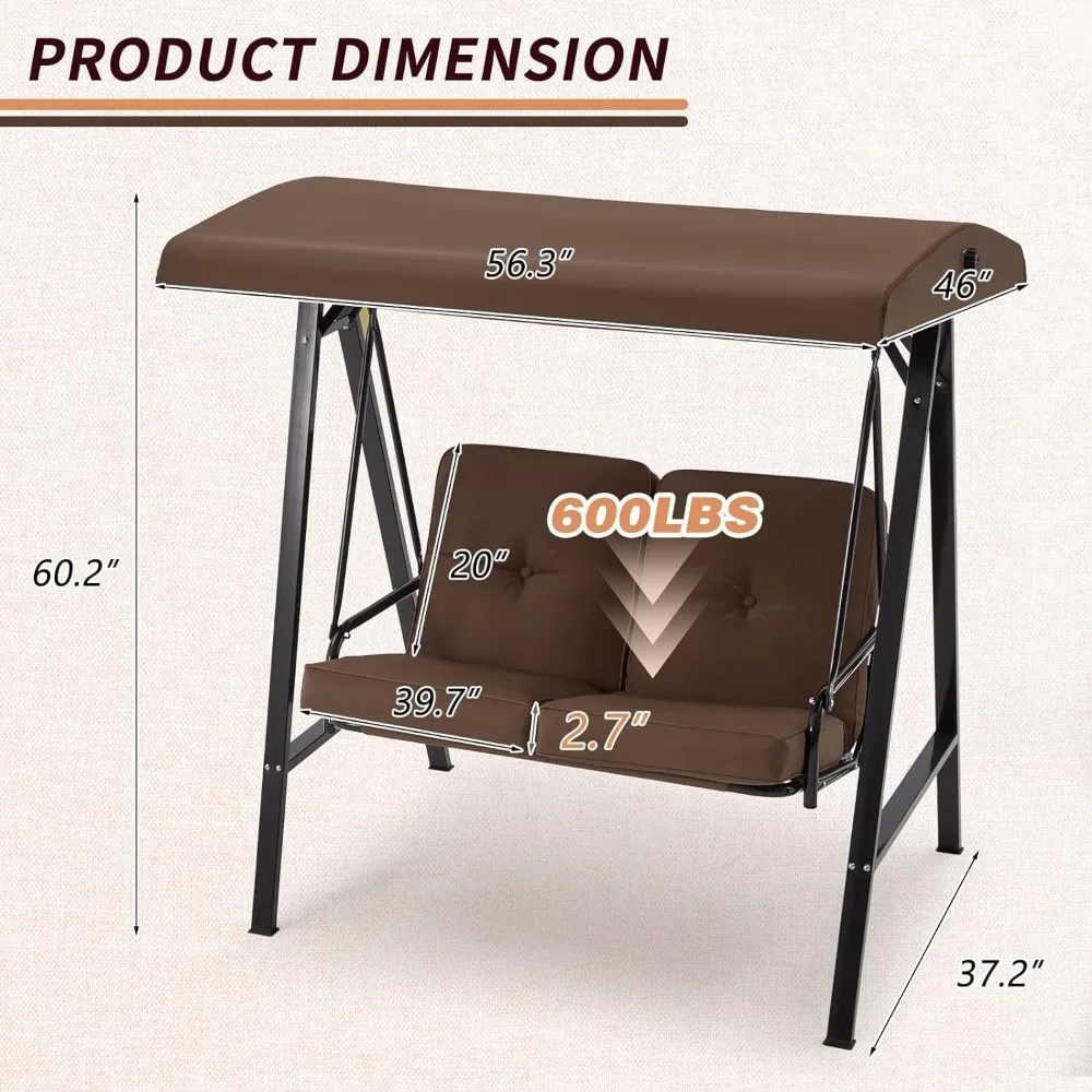 

"2-Seat Patio Swing Chair - Adjustable Canopy Porch Swing w/ Removable Cushions"​
