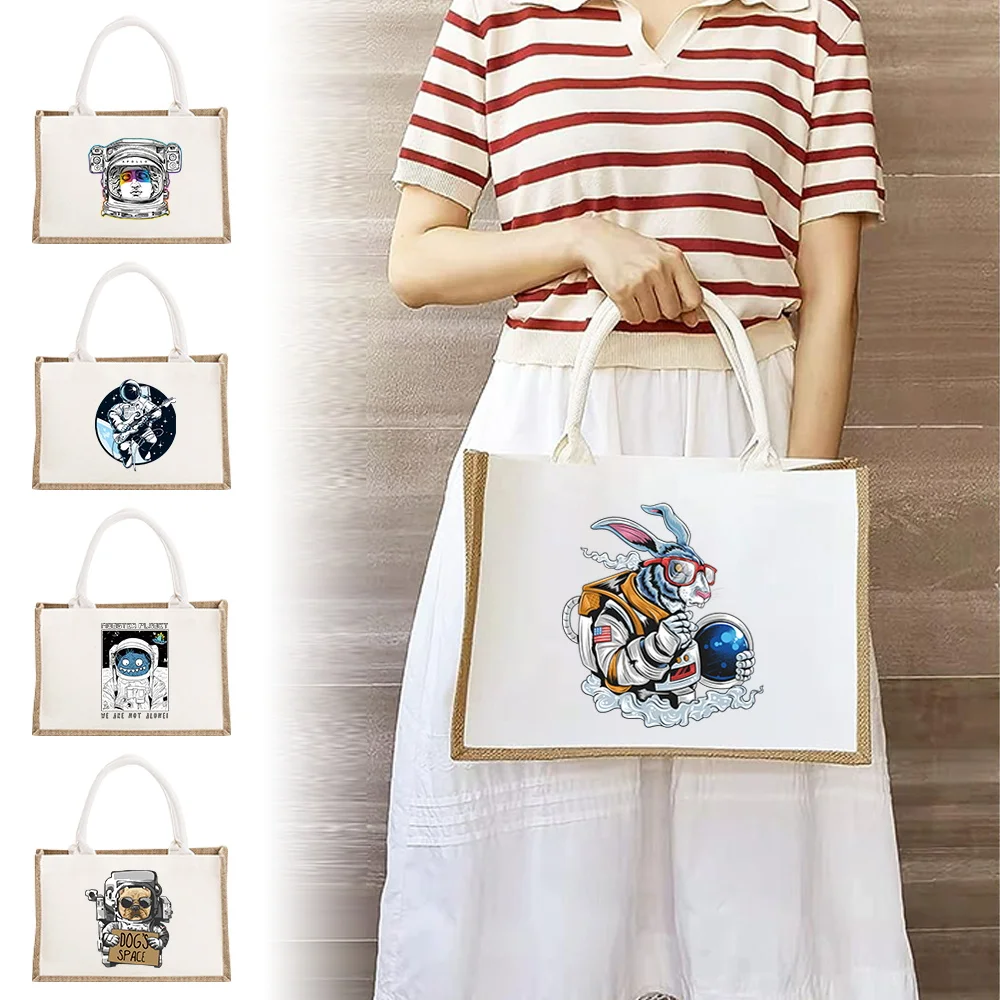 

Astronaut Print Burlap Tote Bags Personalized Bridal Party Girls Trip Gifts Sundries Storage Bag Canvas Jute Tote Shopper Bags