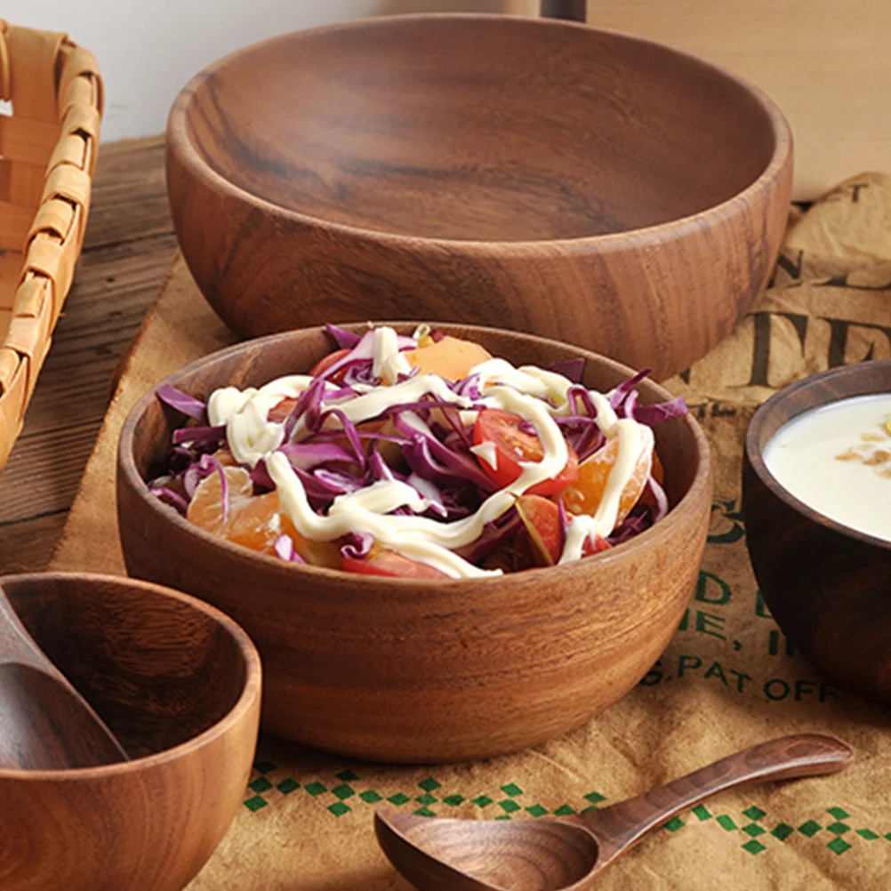 

2pcs Acacia Wood Bowl Spoon Set Smooth Edges For Salad Rice Soup Serving Handmade Wooden Tableware Kitchen Dining Gift