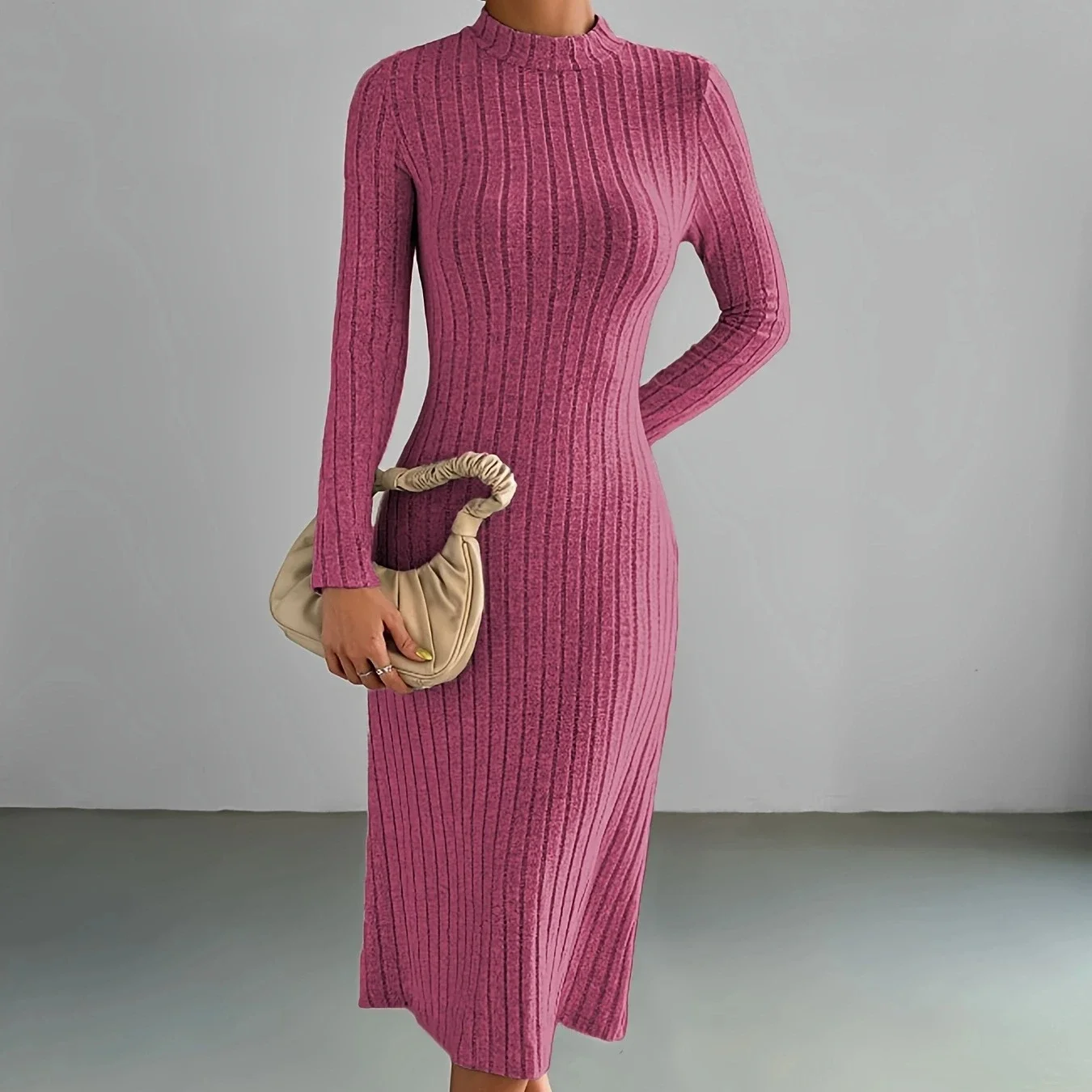 

autumn winter Solid Long Sleeve half Turtleneck Maxi Dress for women Elegant Skinny Elastic knitted dresses Fashion Streetwear