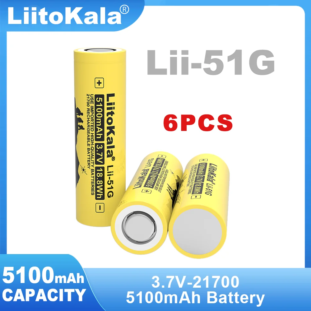 6PCS 100% Original Liitokala Lii-51G 3.7V 5100mAh 21700 For Flashinglight High-capacity Lithium Battery