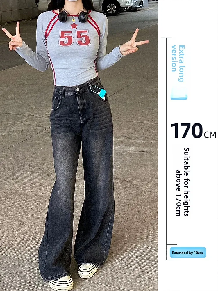 

Extended Vintage Sle Faded Denim Jeans Women's High Waist Conceal Meat Wide Leg Pants Autumn Winter High Heel Version