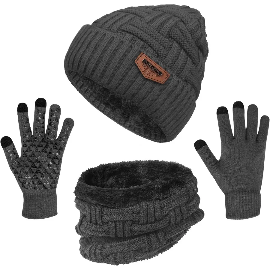 3Pieces Winter Beanie Hat Scarf and Touch Screen Gloves Set for Men Women: Warm Knit Skull Cap with Seamless TouchscreenCompati