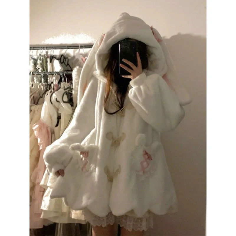 Japanese Sweet Girl Cute Rabbit Ears Hooded Plush Jacket Women Winter Teens Student Padded Thicken Kawaii Loose Coat Outwear