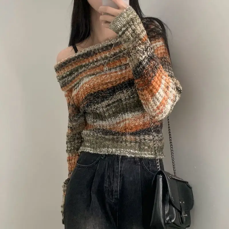 Sweater One-Shoulder Design, Lazy Retro Women'S Autumn And Winter Knitted Sweater Off-Shoulder Short Top