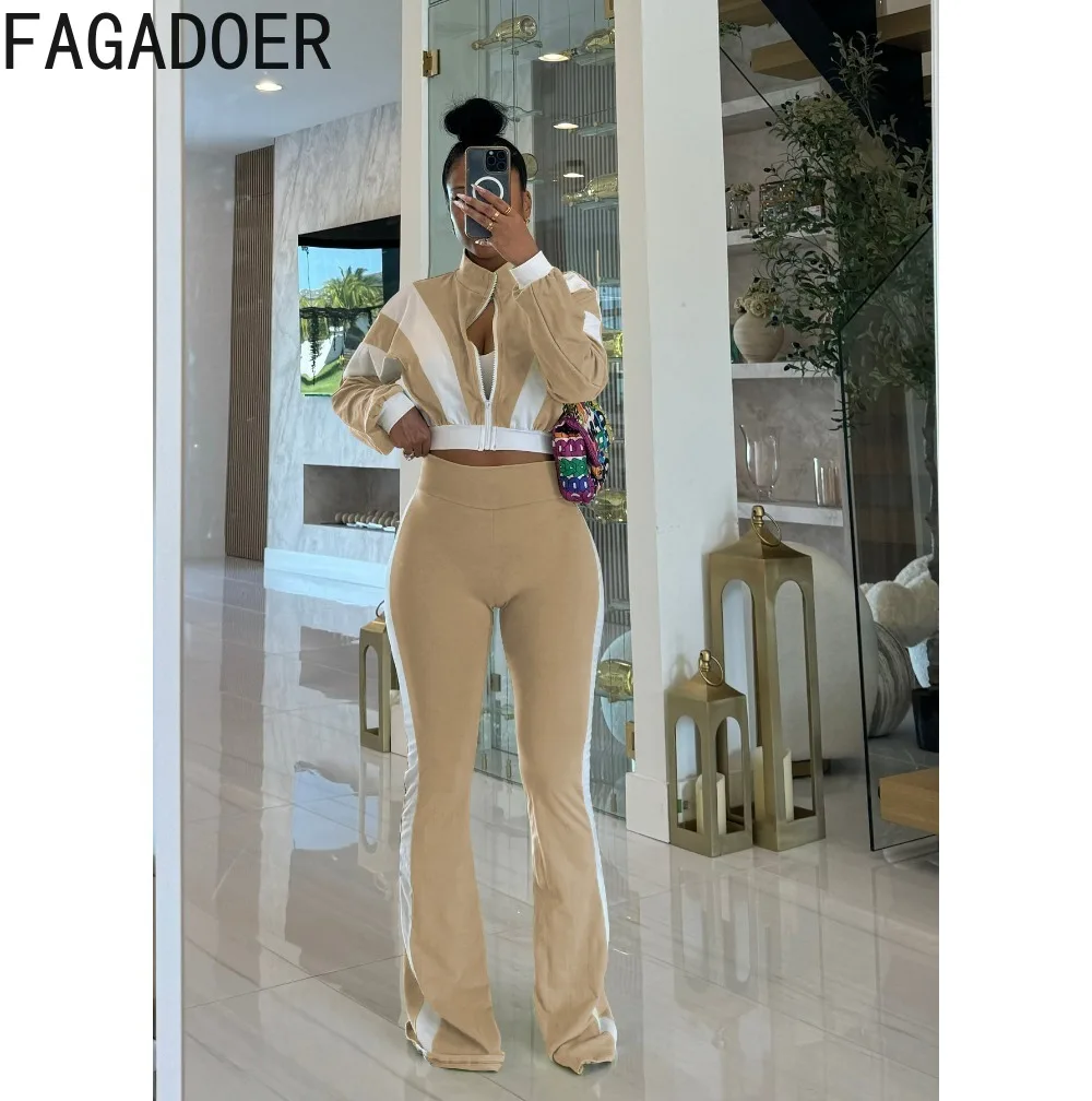 FAGADOER модный комплект из 2 предметов для женского наряда, укороченный топ с длинными рукавами и брюки в тон, женская уличная одежда, новинка осени