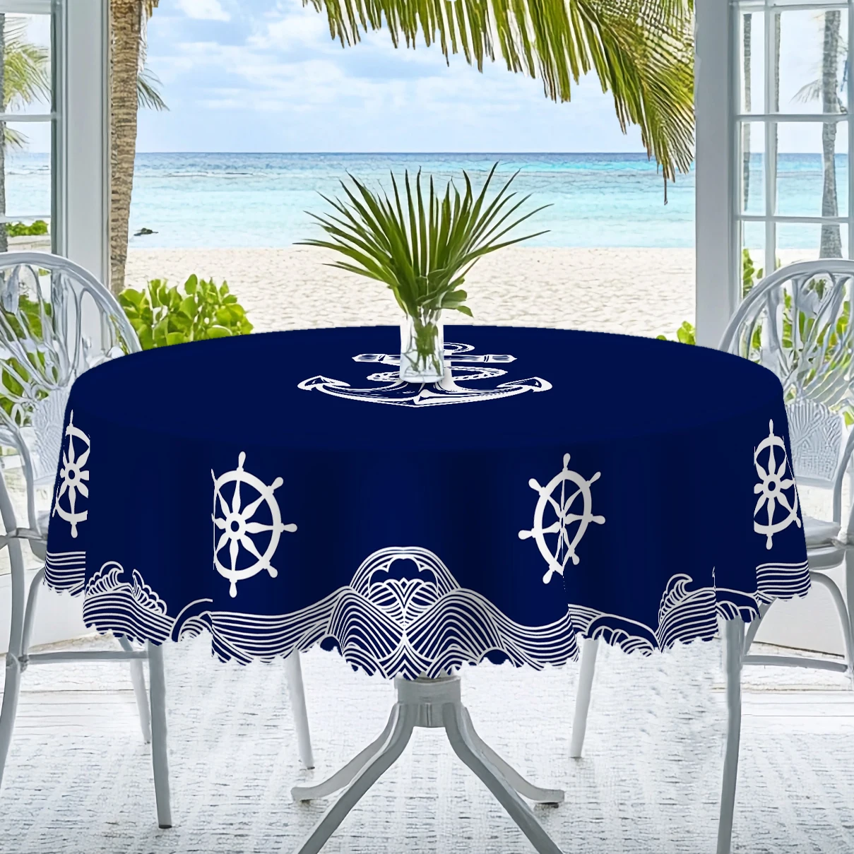 1 Piece Summer Nautical Theme Round and Rectangular Tablecloth, Available in Various Sizes, Blue Line Wave Print Pattern Design, Spring, Kitchen Tablecloth, Suitable for Seaside Wedding Gifts
