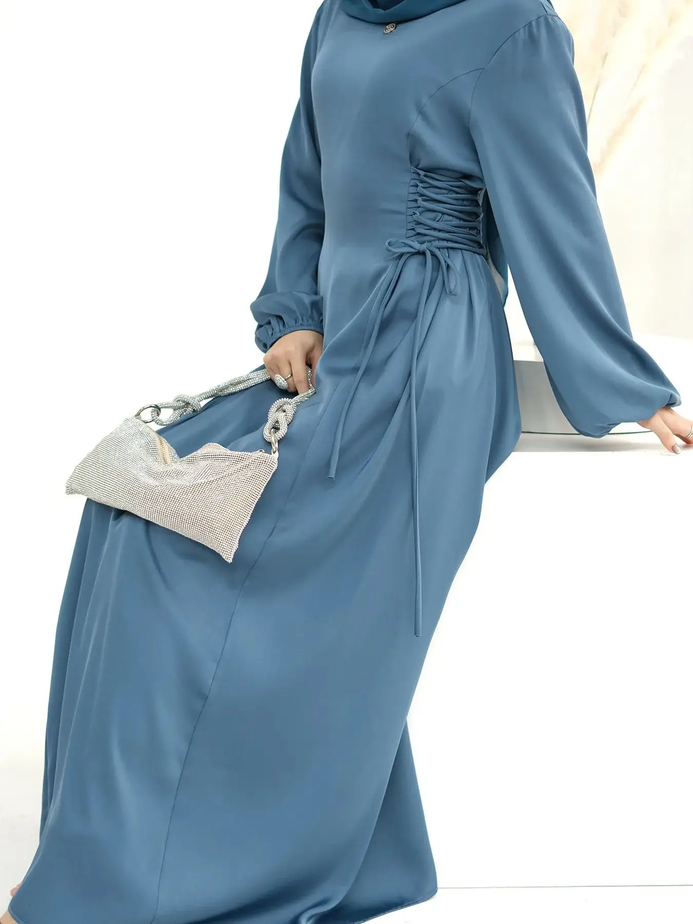 Fashion Drawstring Muslim Dress Abaya Syari Female Full Length Siky Satin Muslim Abaya Worship Service Abayas wy1949