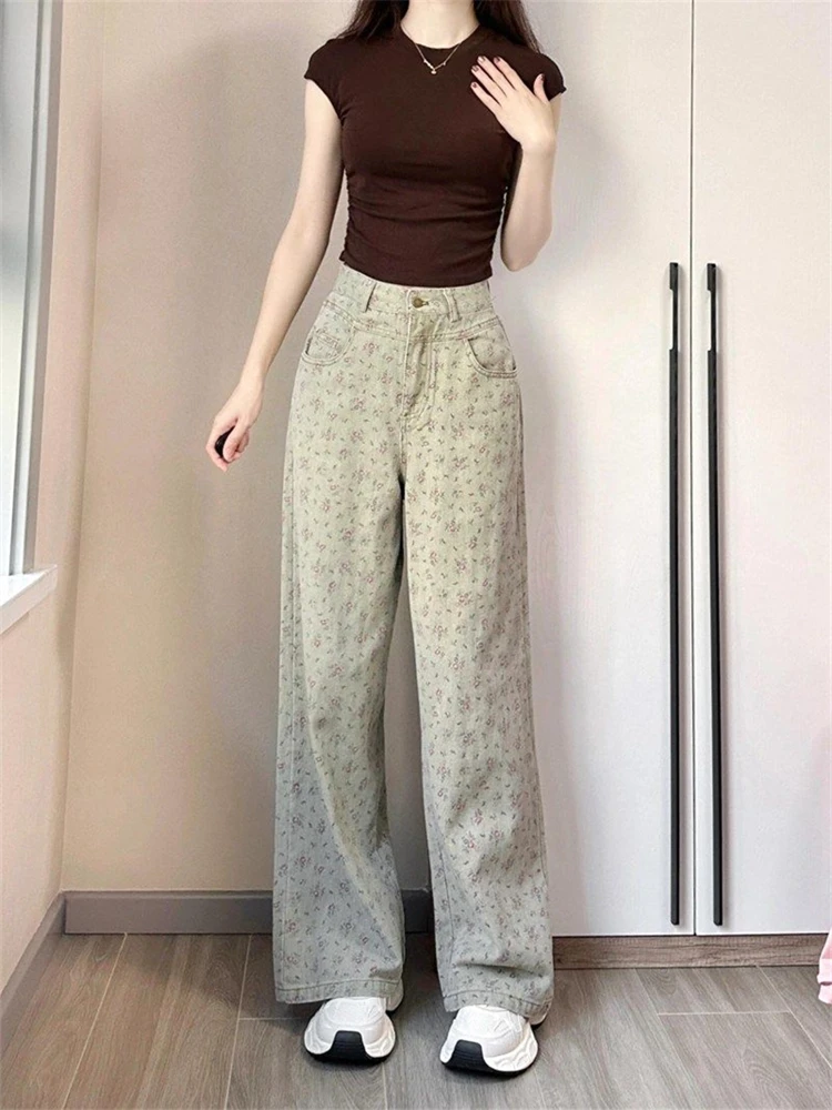 

Women's Vintage Floral Fragments High Waisted Pants Street Clothes Sweet Girl Streetwear Female Fashion Baggy Wide-leg Trousers