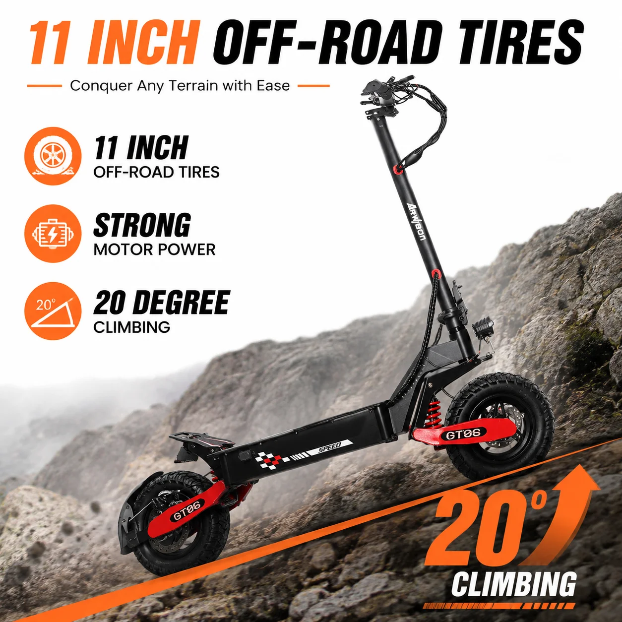 Arwibon GT06 1200w Strong Motor 48V13Ah Battery 11 inch off Road Tires Full Suspension Big Screen Key Lock 28 MPH Fast Speed Foldable Design Front and Rear Lights Turn Signals 330 lbs Load
