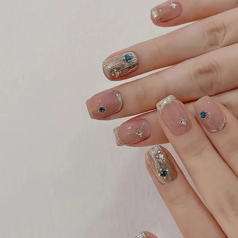 10 Uds. De uñas postizas francesas cuadradas cortas hechas a mano, arte de uñas Simple, diamante brillante, prensa en uñas, ojo de gato, puntas de uñas acrílicas desmontables