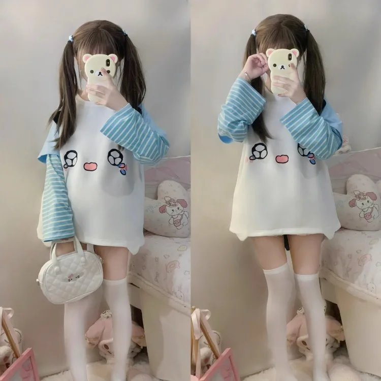 Harajuku Fake Two Piece Striped O-neck T-shirts Coat Kawaii Patchwork Cat Ear Tops Women 2024 Spring New Long Sleeve Sweatshirts