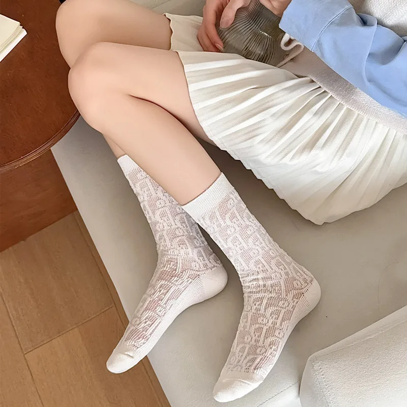 Thin Hollow Socks Letter Mesh Socks Classic Light Luxury Black and White Ins Tide Hosiery Medium Tube Socks Recommended