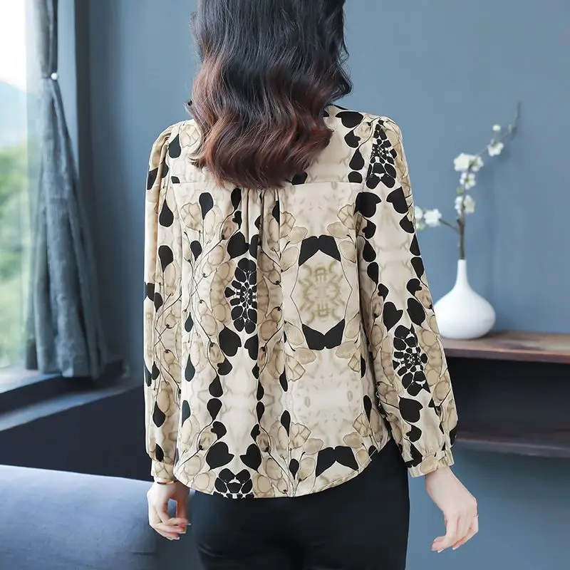 2024 Autumn Women\'s Vintage Fashion Print Button Up Shirt Office Lady Elegant Stand Collar Blouse Casual Long Sleeve Loose Tops