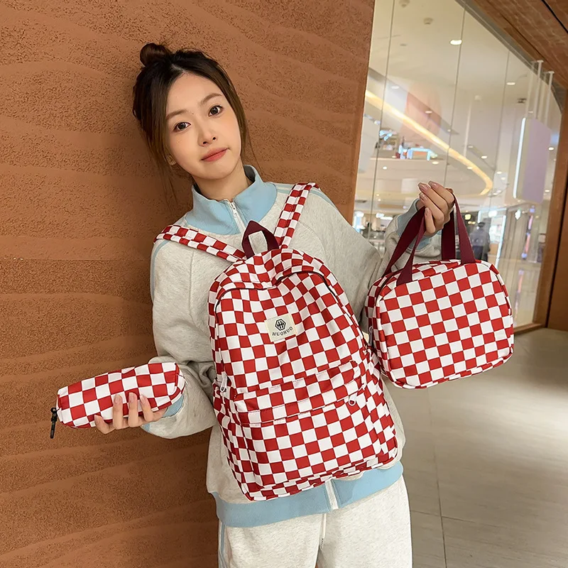 

Chessboard printed 3 piece backpack with large capacity school bags for girls middle and high school students campus backpacks