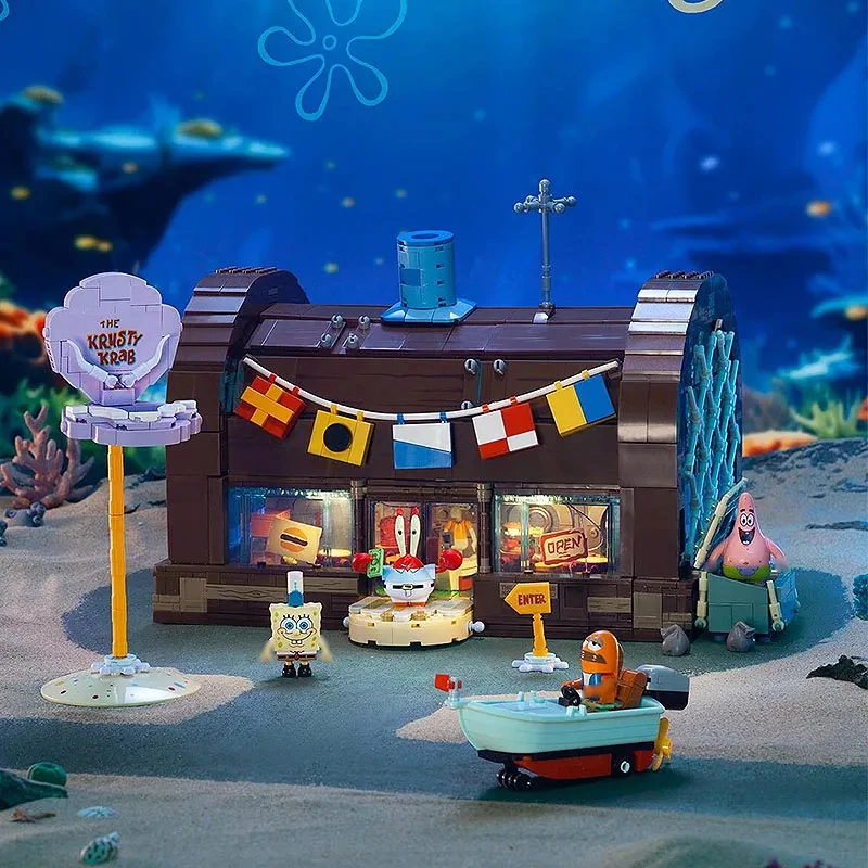 Spongebob building block Cartoon Creative Krusty Krab Restaurant 25th Anniversary Model Bricks Desktop Decorate Toy For Kid Gift