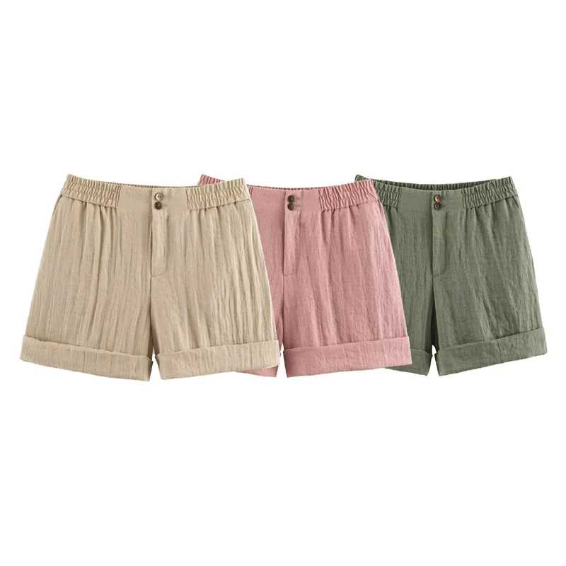 Shorts pour femmes, nouvelle collection été 2026, couleur unie, taille élastique, ourlet roulé décoratif, décontracté, simple, pour la plage et les vacances