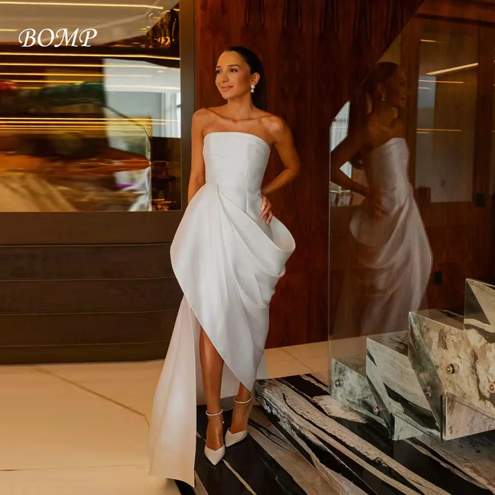 

BOMP Special White Wedding Dress Strapless A-Line Pleat Court Train Taffeta Evening Bridal Gown Customized Simple Robe de mariée