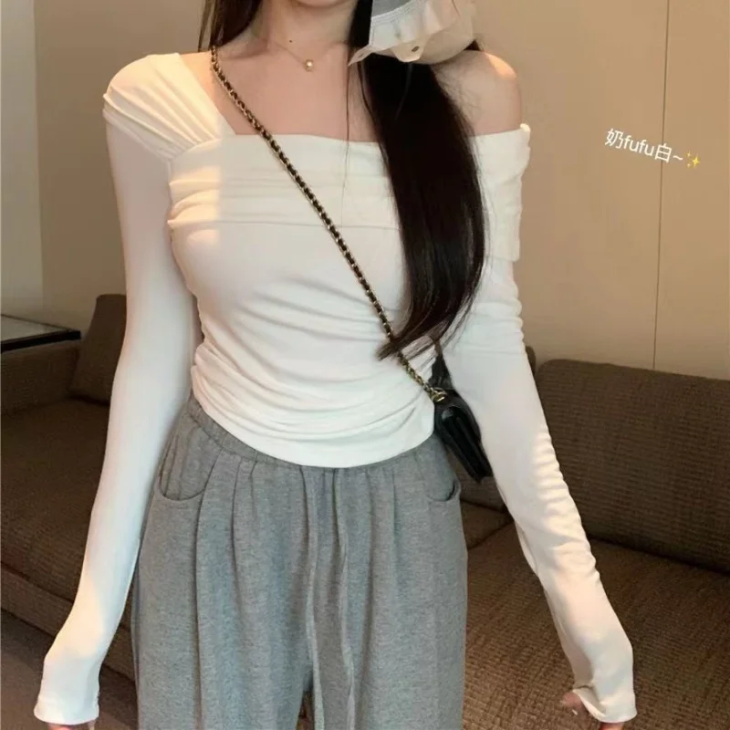 Women Off Shoulder T-shirts Casual Solid Long Sleeve Shirts Cropped Tops Streetwear Clubwear Sexy Skew Collar Warm Pullovers