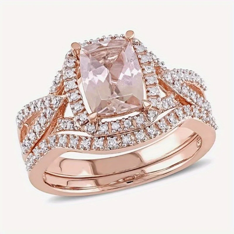 Elegant Romantic Pink Dazzle Synthetic Zirconia Eternal Rings Set for Women Luxury Temperament Wedding Anniversary Charm Jewelry