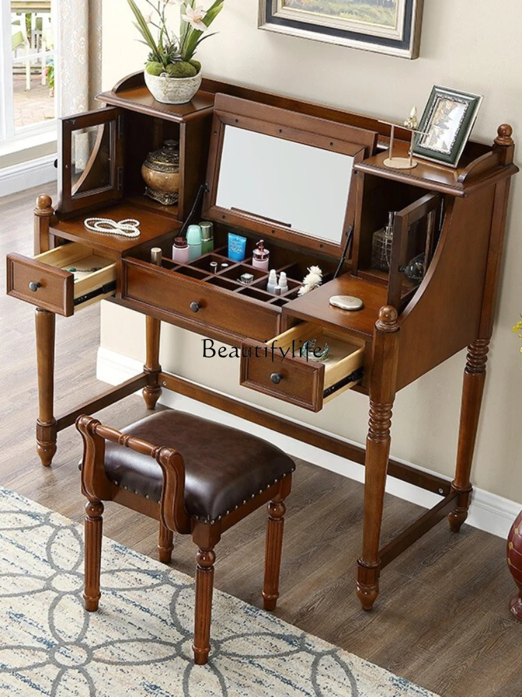 American-Style Solid Wood Dressing Table Desk Integrated Bedroom Multi-Functional Storage Makeup Table