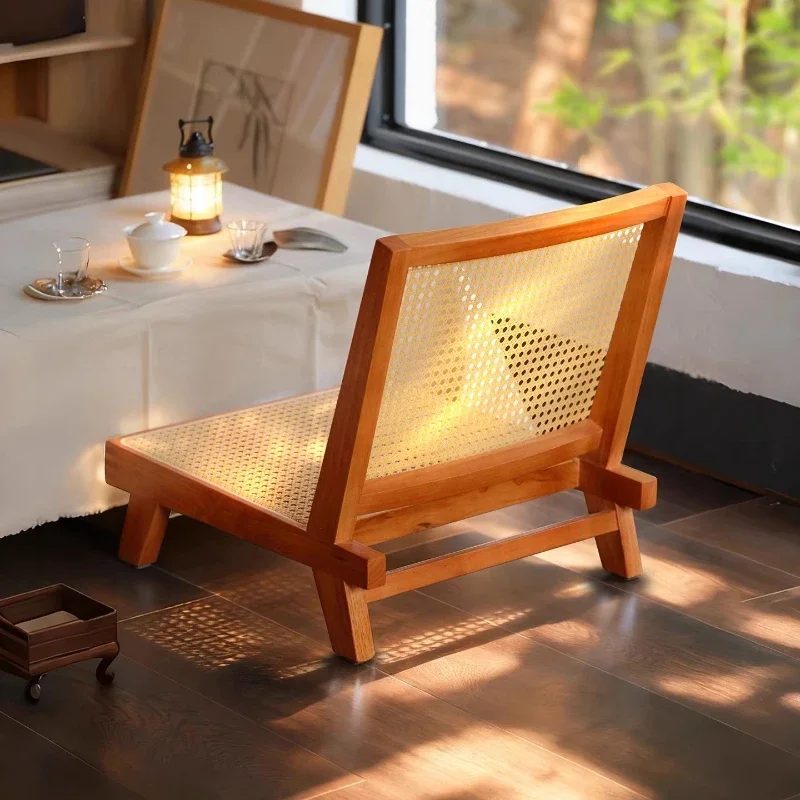 Original Solid Wood Chinese Retro Bay Window Tatami Rattan Seat Wabi Sabi balcony Single Sofa Backrest Tea Room Low Stool