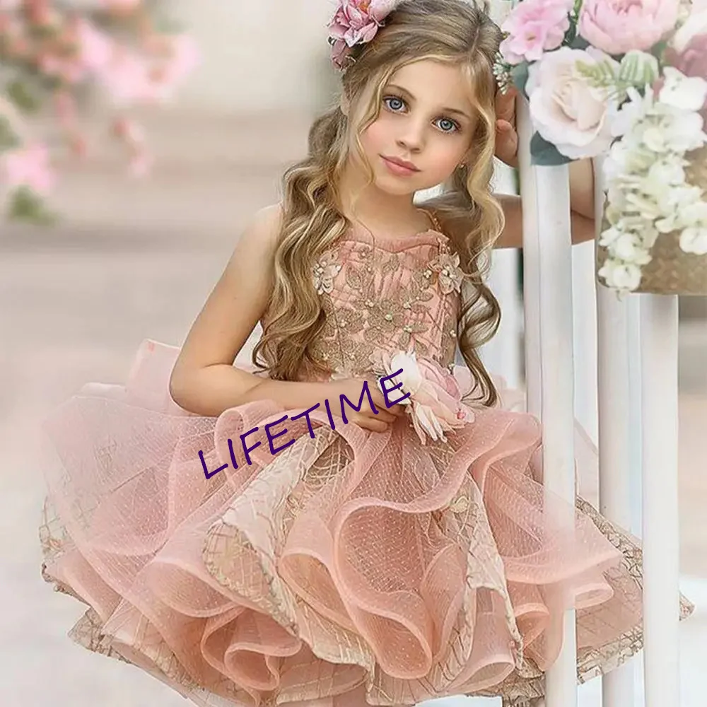 Flower Girls Wedding Princess Birthday Dresses Lace Beads Puffy Tulle Dress Pageant Party Gown For Special Occasion Communion