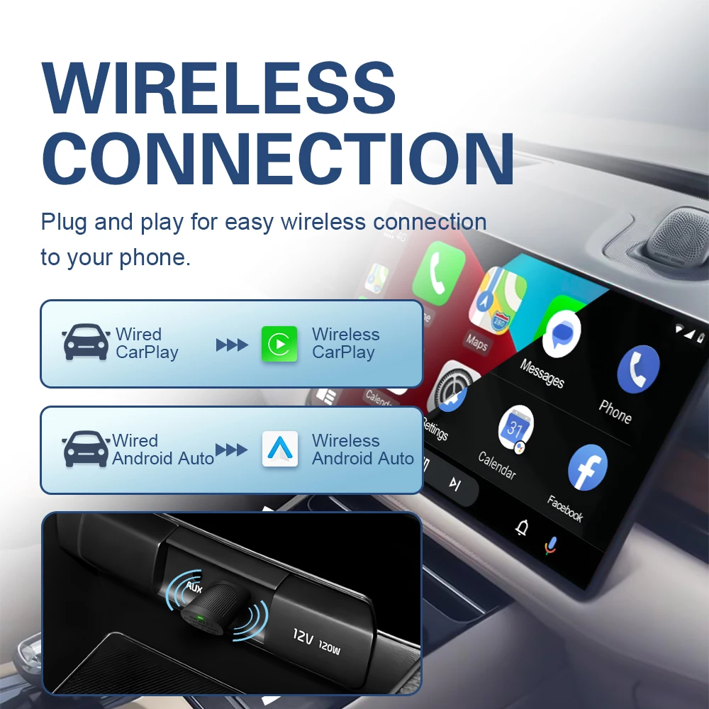 Mini U8 CarPlay Android Auto Wireless Adapter W/USB Plug and Play Wired To Wireless 5.8GHz WIFI BT For Car Android 10 and Above