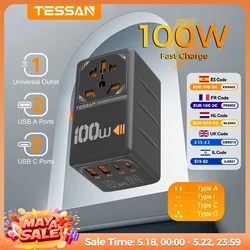 Adaptador de viaje Universal TESSAN 100W GaN con USB y tipo C adaptador de enchufe internacional de carga rápida enchufe UE/REINO UNIDO/EE. UU./AUS para viajes