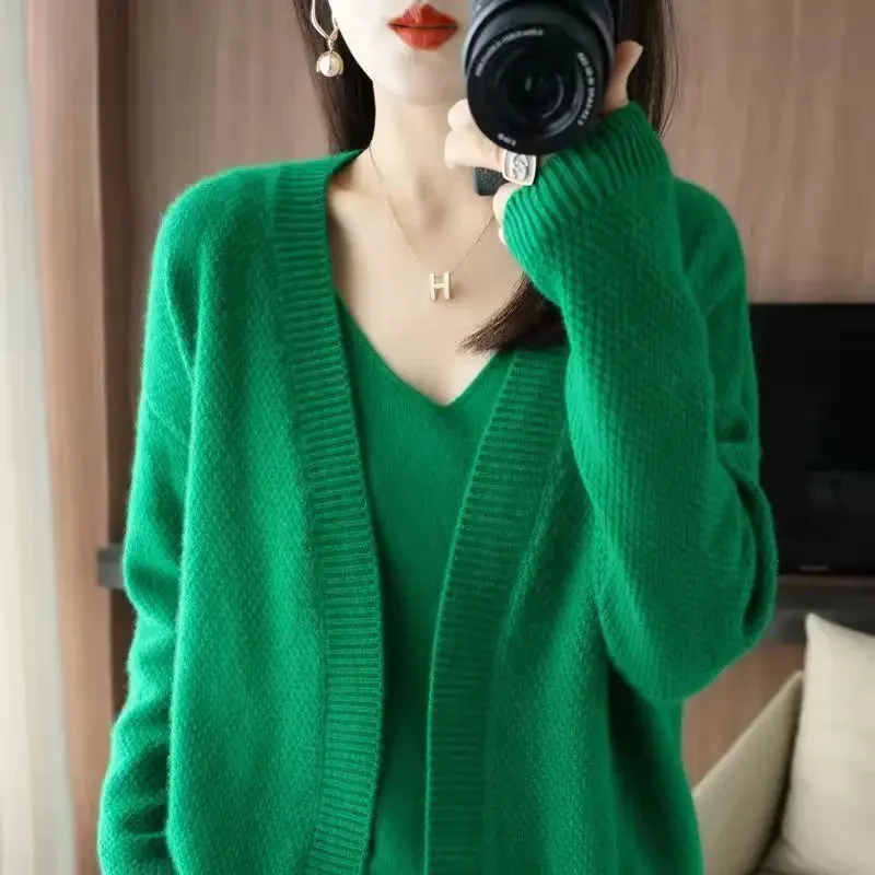 2024 New Autumn Winter Women Loose Sweater Waistcoat V-Neck Casual Two-Piece Cardigan Jacket Female Versatile Fashion Knitwear