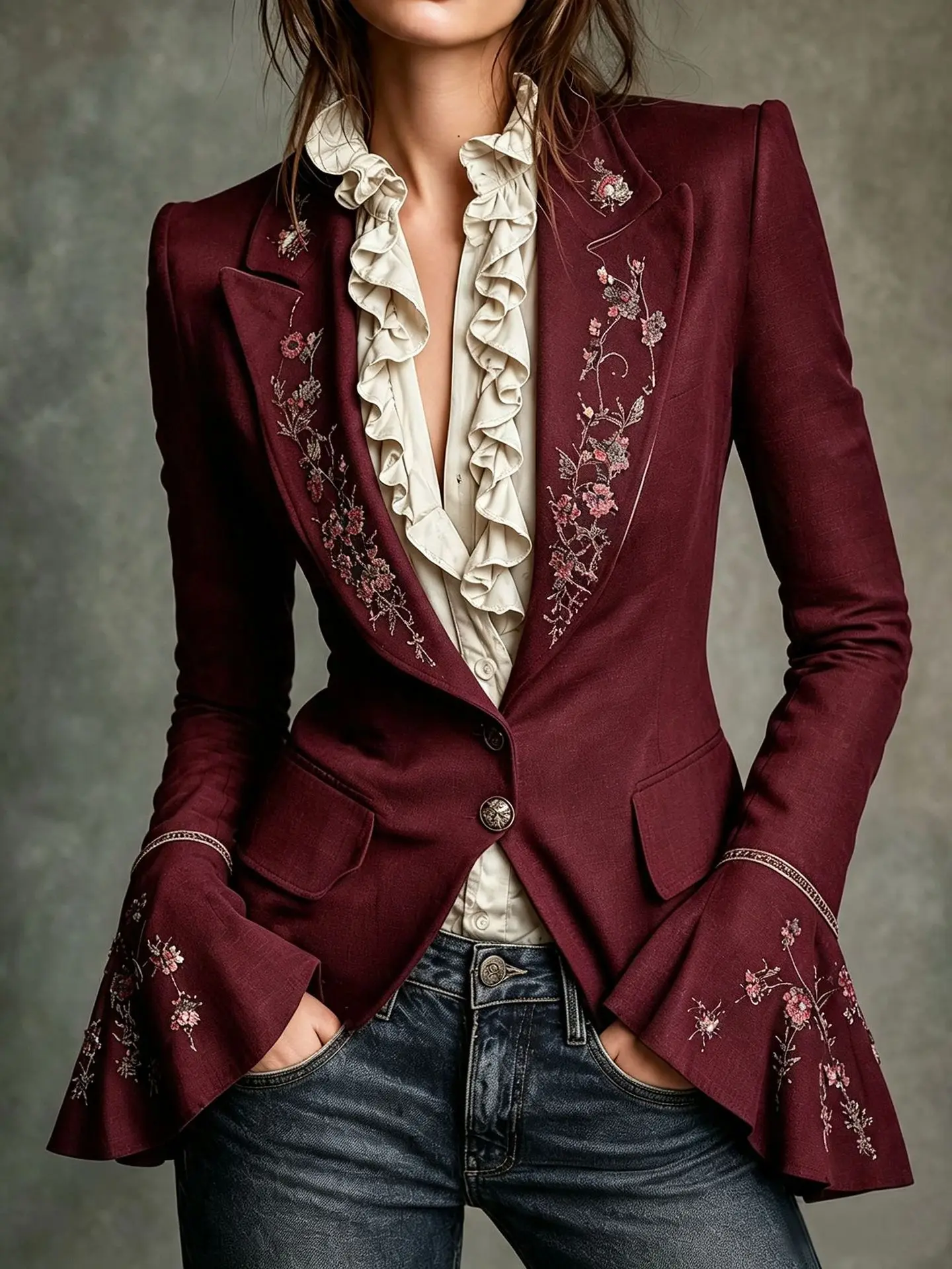 Women Vintage Blazer Jacket Floral Pattern Lapel Collar Flare Cuff Long Sleeve Coat Single Breasted Outerwear Street Blazer