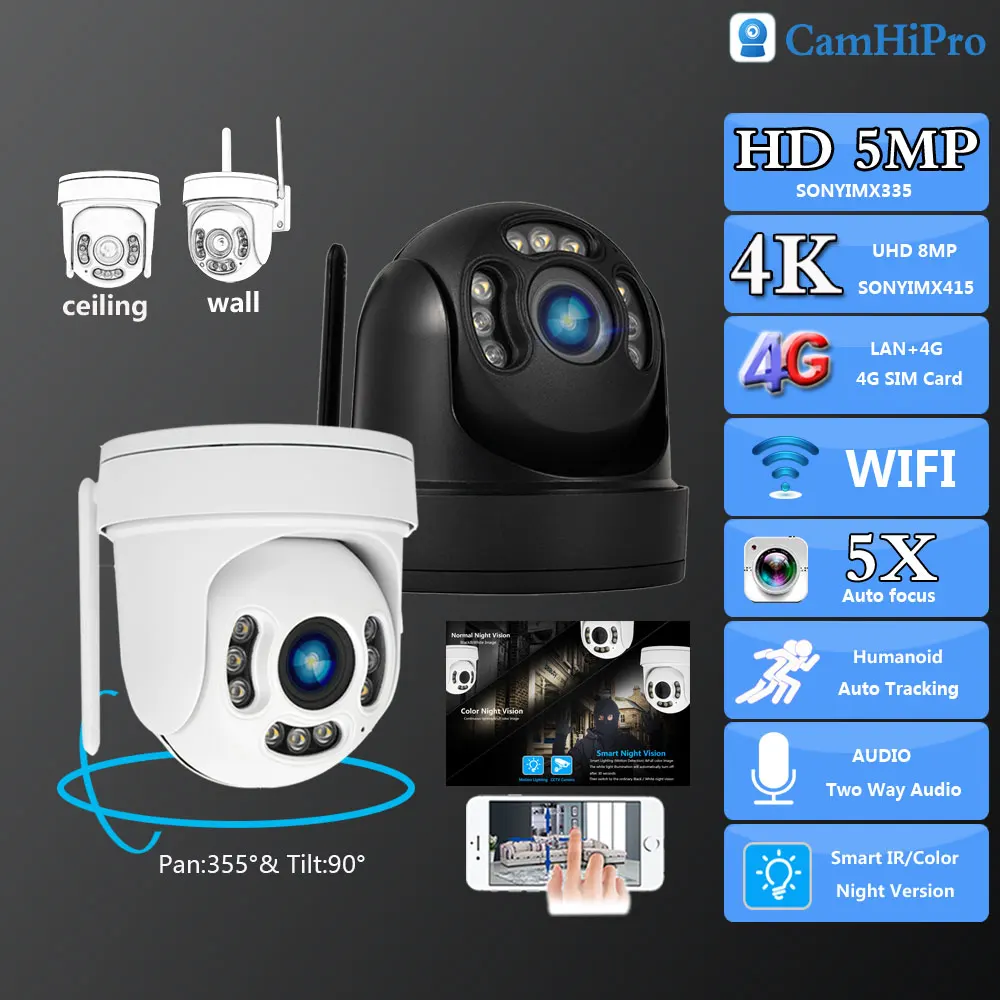 

Camhi 4K 8MP Outdoor Wireless Security Vedio PTZ Dome Wifi&4G 2.7-13.5mm 5X Zoom Two Way Audio Dual light source LED IR&Color